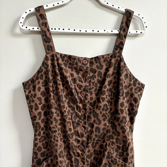 Evereve Level 99 Linen Dress Women's L Brown Cheetah Print Button Front Stretch - Picture 4 of 12